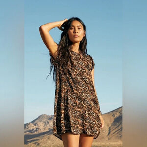 New Urban Outfitters Earthtone Paisley Cap Sleeve Mini Dress Sz Small Pockets